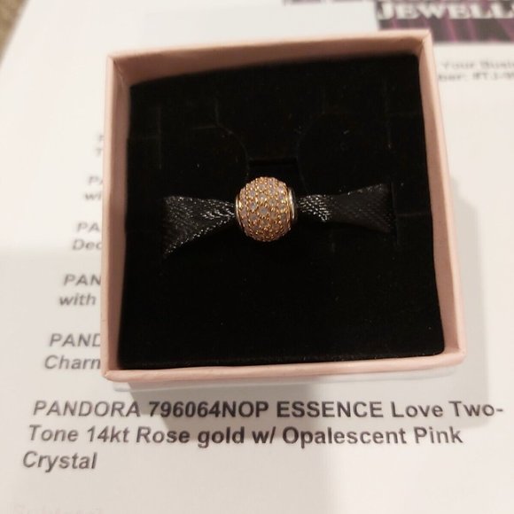 PANDORA *RETIRED SS & 14kt Gold ESSENCE LOVE w/Opalescent Pink Crystal 796064NOP - Picture 14 of 14